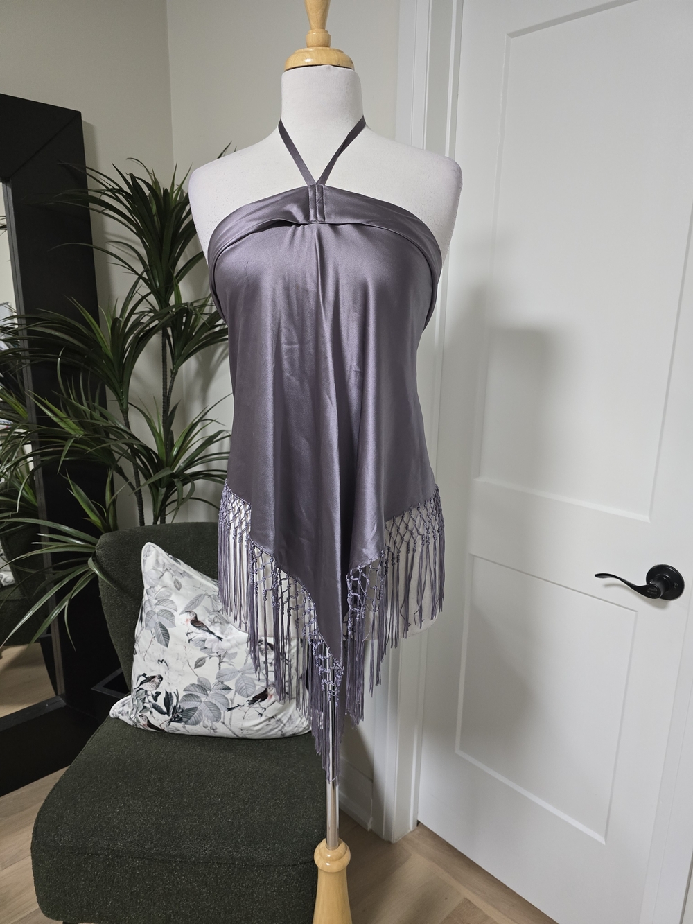Marciano Lavender Satin Halter Fringe Top